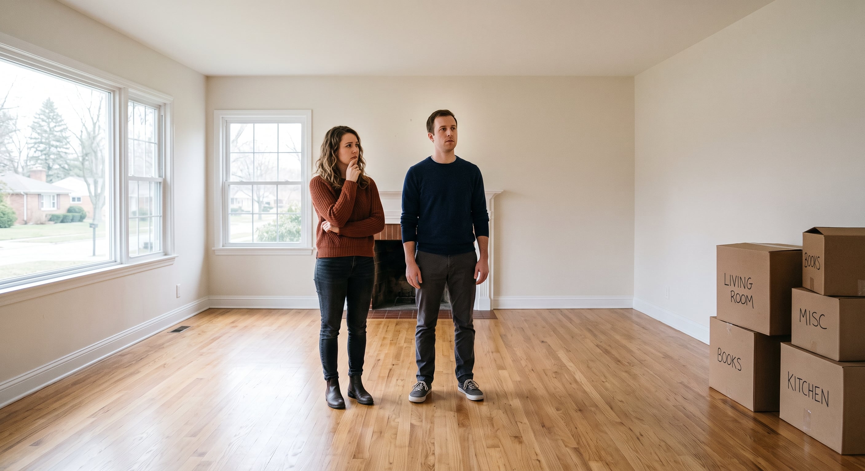 Couple looking uncertain in empty house after purchase, regretting decision