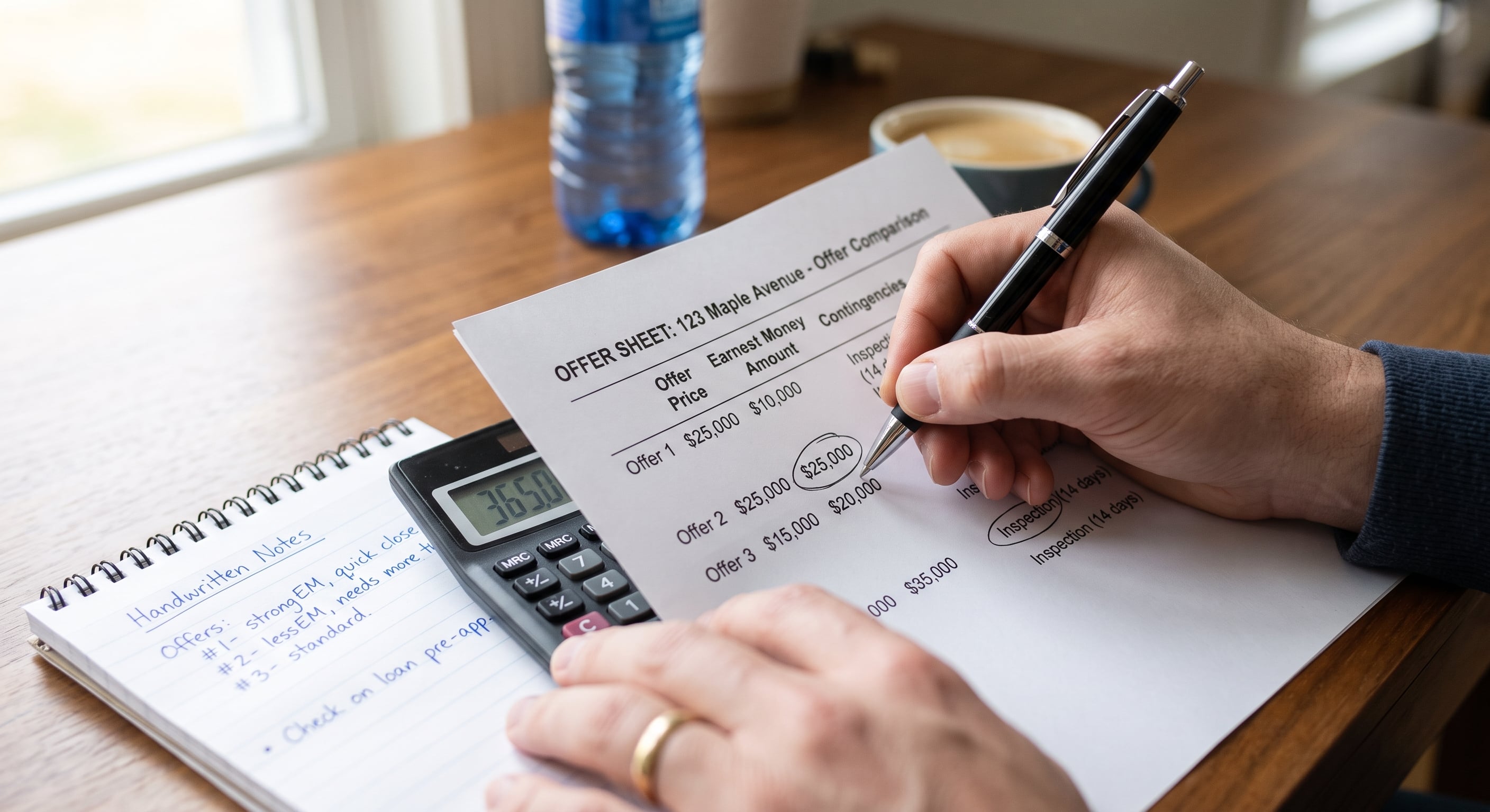 Buyer reviewing and marking up offer terms with a pen and calculator