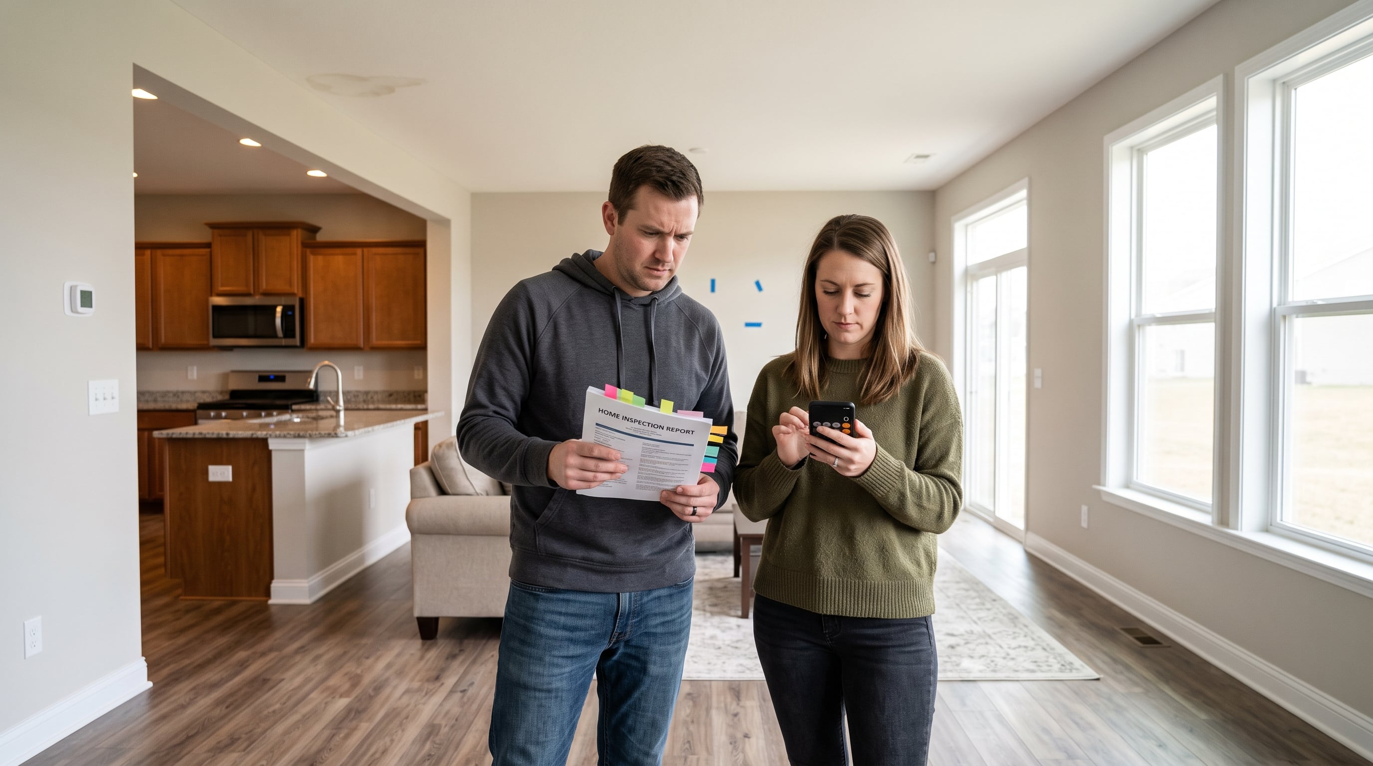 Couple examining water damage in a house they're considering buying, holding inspection report