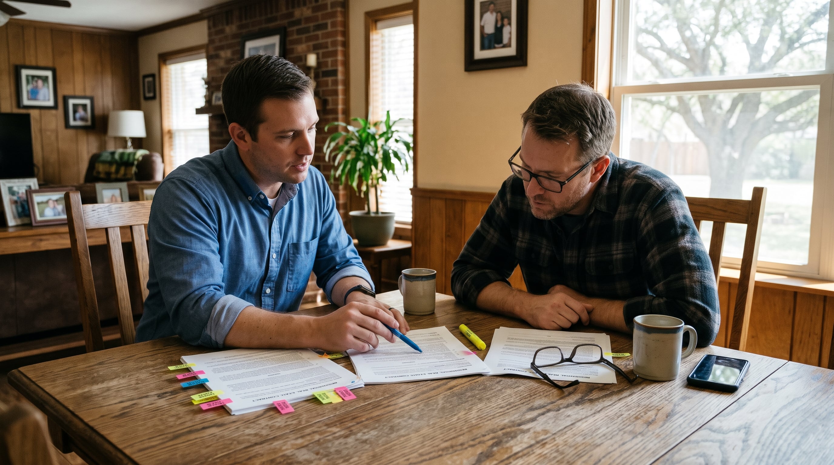 Real estate agent explaining offer contract terms to buyer at dining table