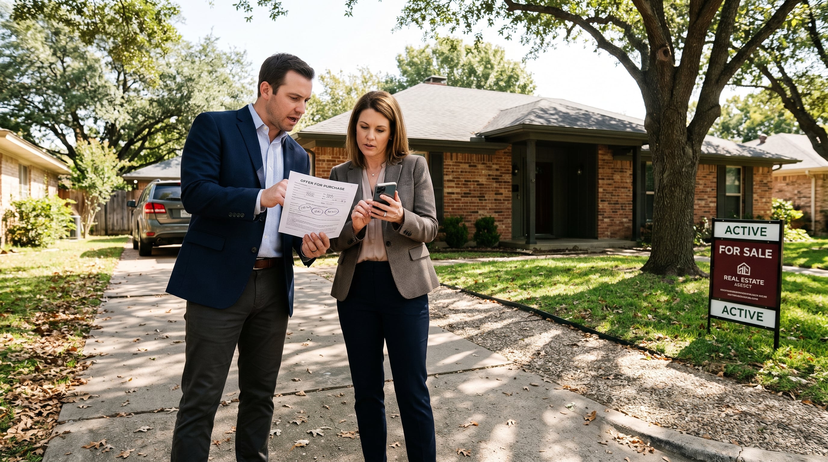 Real estate agents reviewing competing offers outside a Texas home during a bidding war