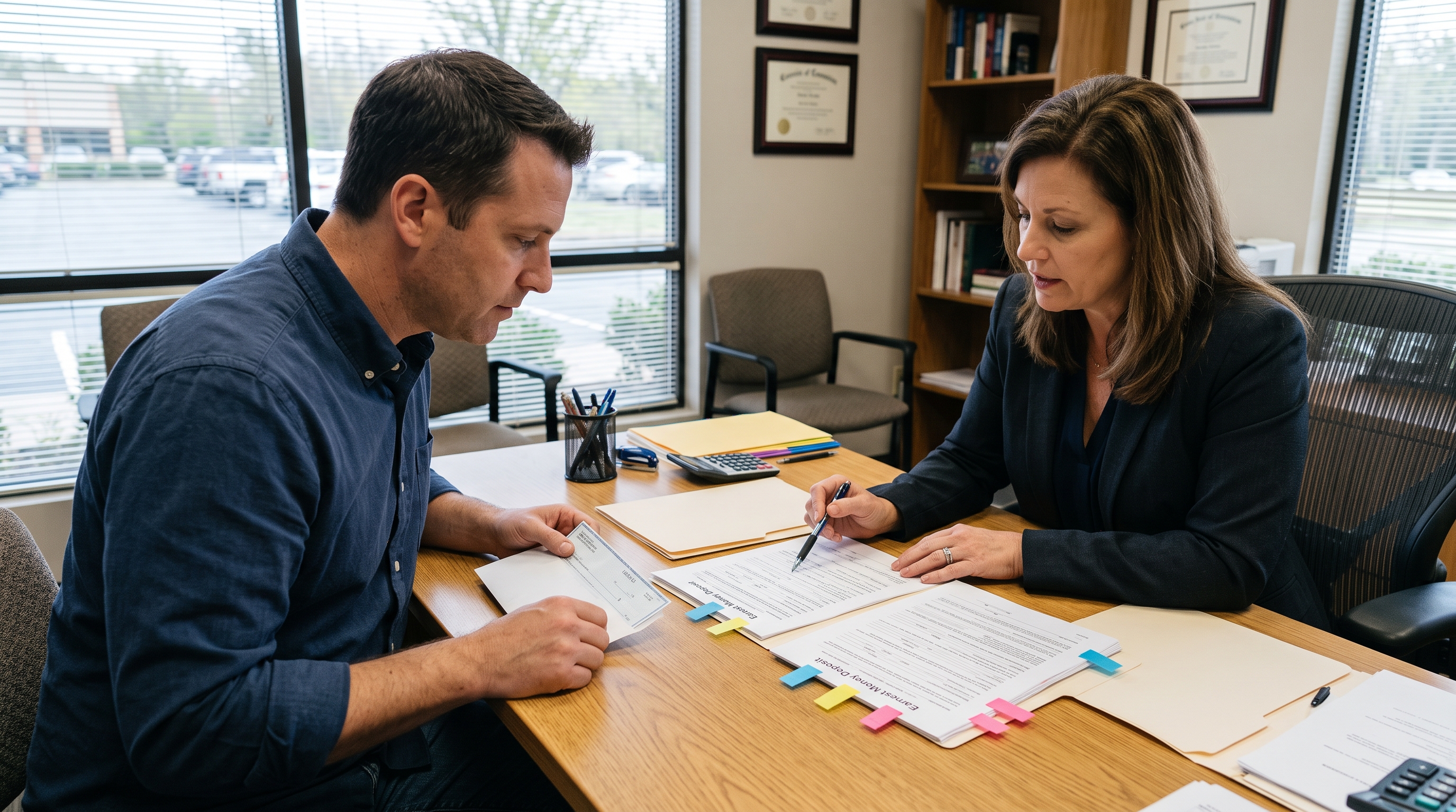 Buyer and agent reviewing earnest money deposit paperwork at closing table