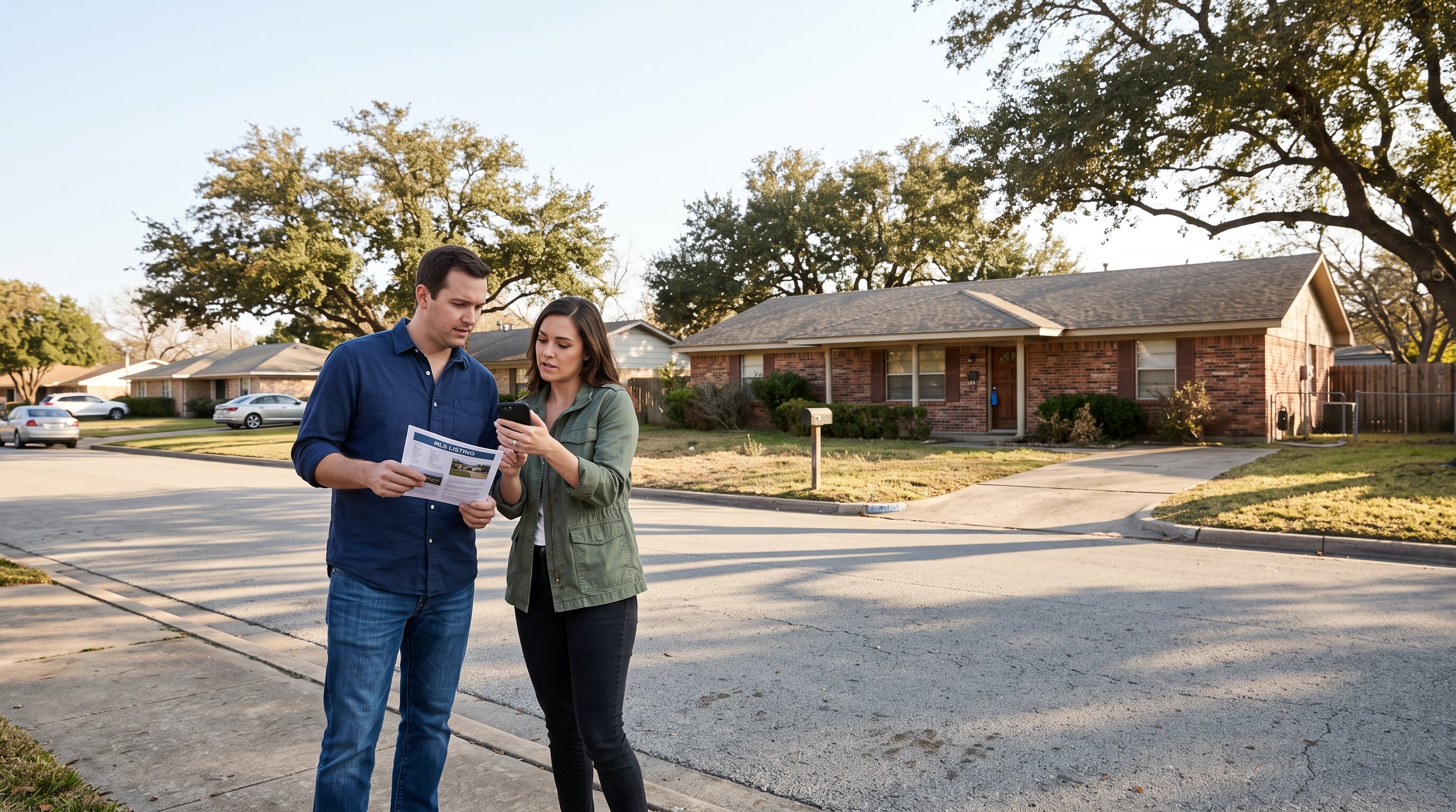 Couple reviewing a home listing in a Texas neighborhood before making an offer