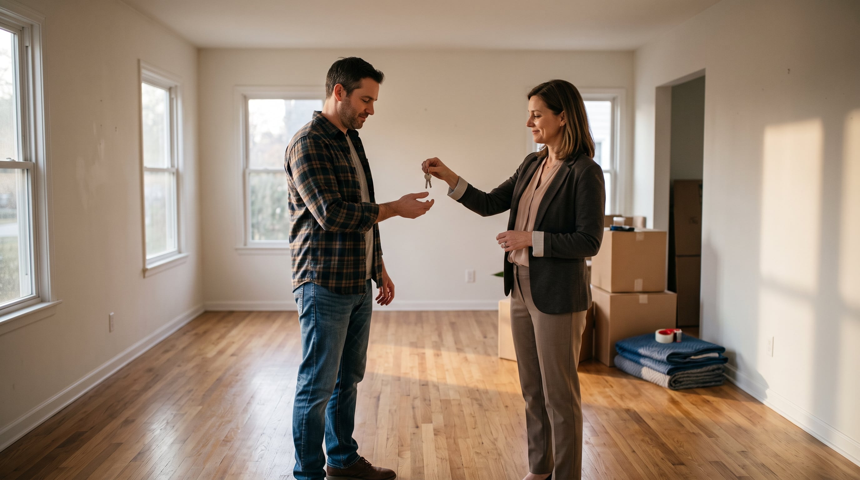 Real estate agent handing keys to homeowner after successful Texas home sale closing