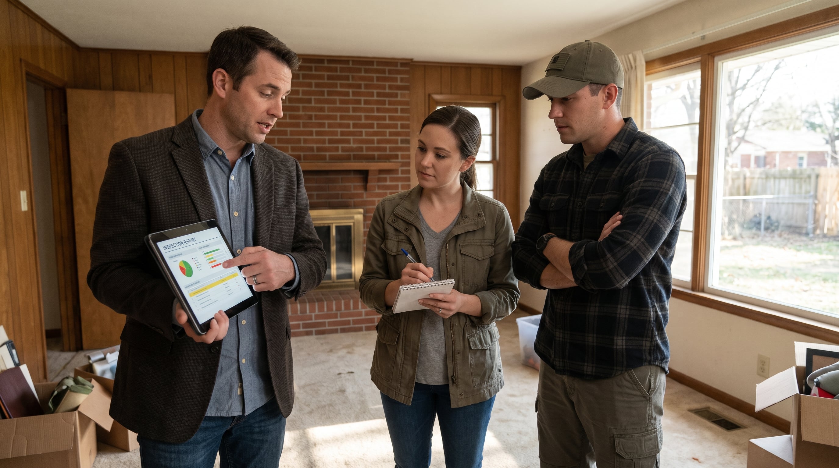 Real estate agent explaining VA loan contingencies to military family in home