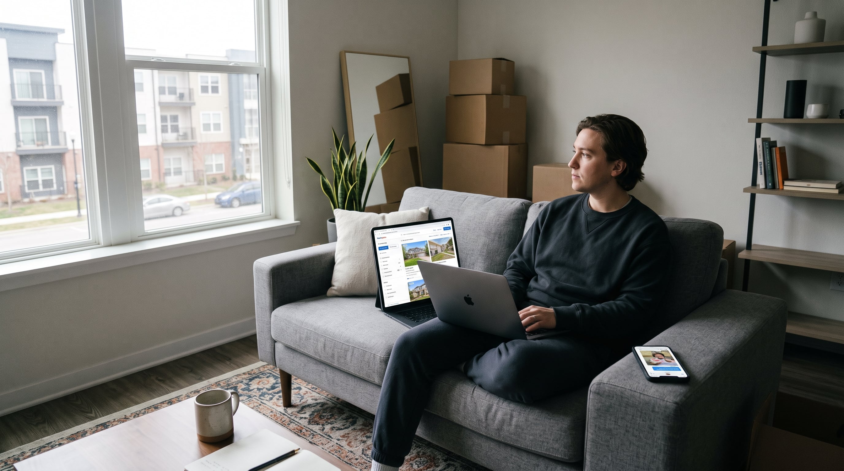 Young adult on apartment couch with real estate listing on laptop, friend's house photo on phone