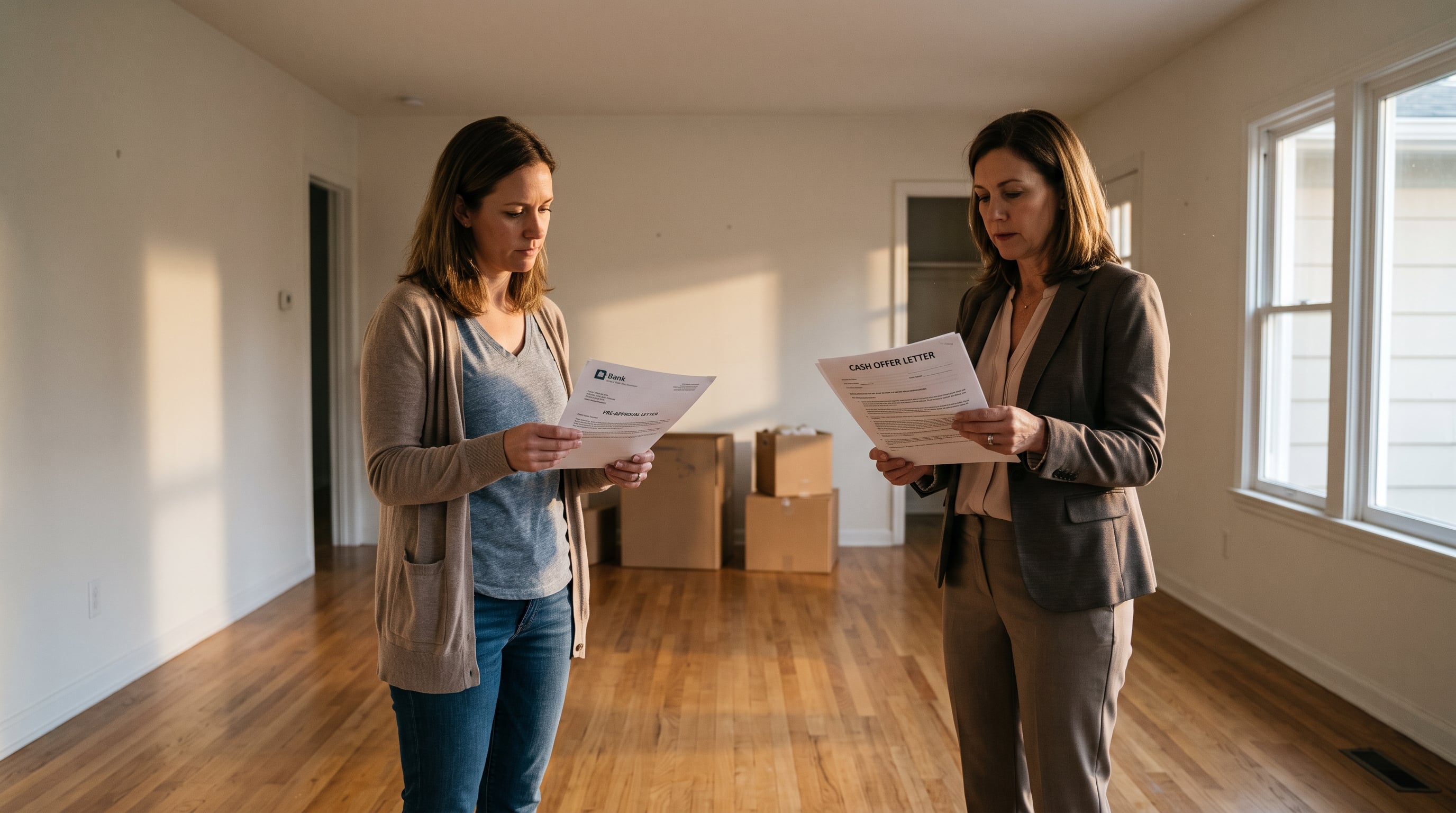 Real estate agent and seller comparing cash offer versus financed offer documents in empty home