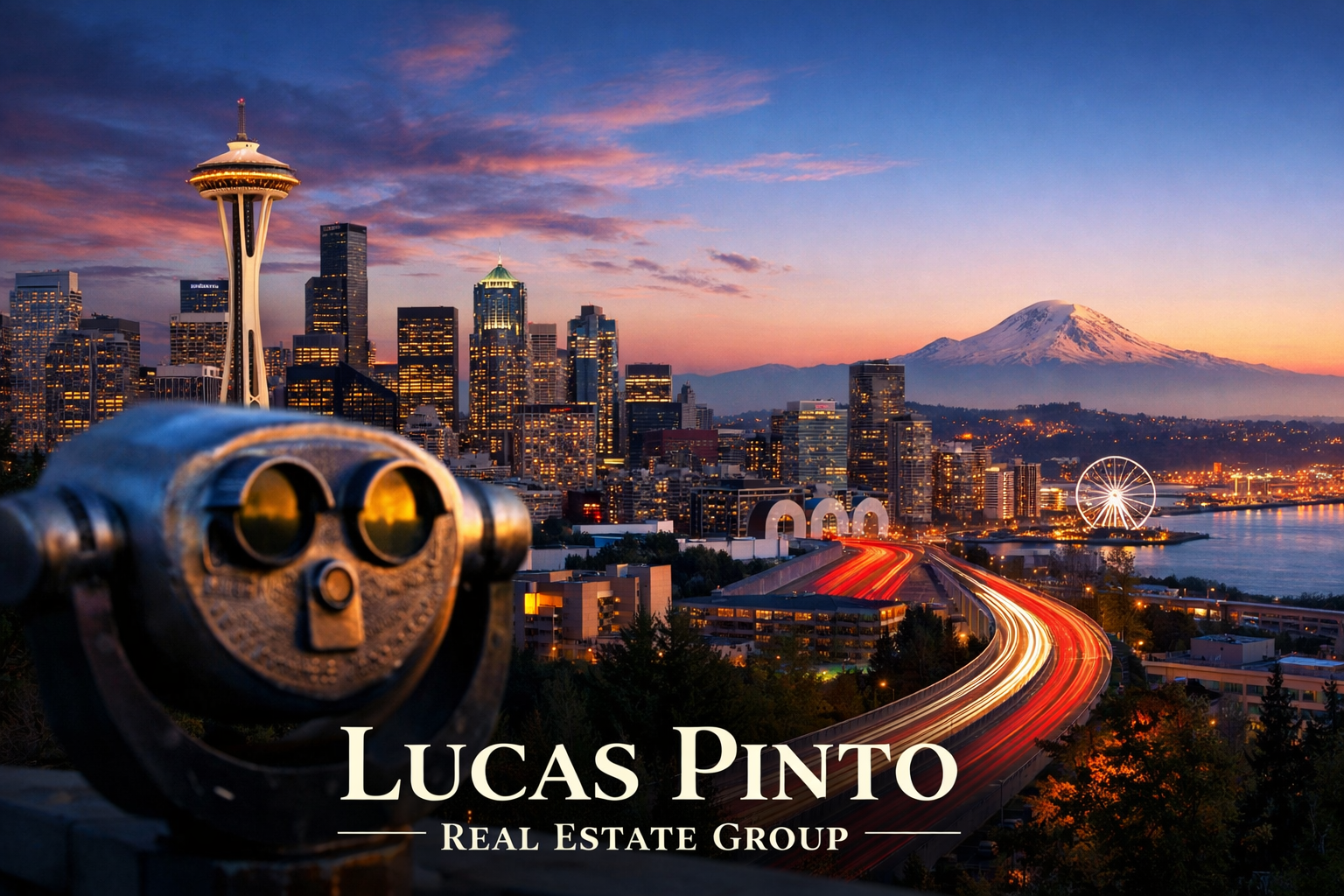 Twilight view of Seattle skyline