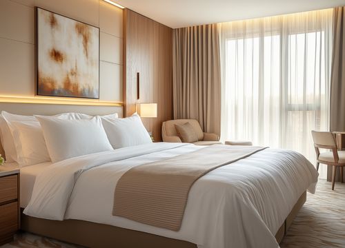 A,Modern,And,Cozy,Hotel,Room,Featuring,A,Large,Bed