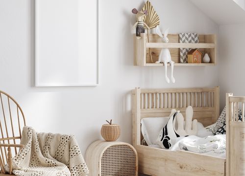Mock,Up,Frame,In,Children,Room,With,Natural,Wooden,Furniture,