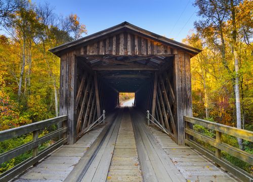 covered bridge autumn forest