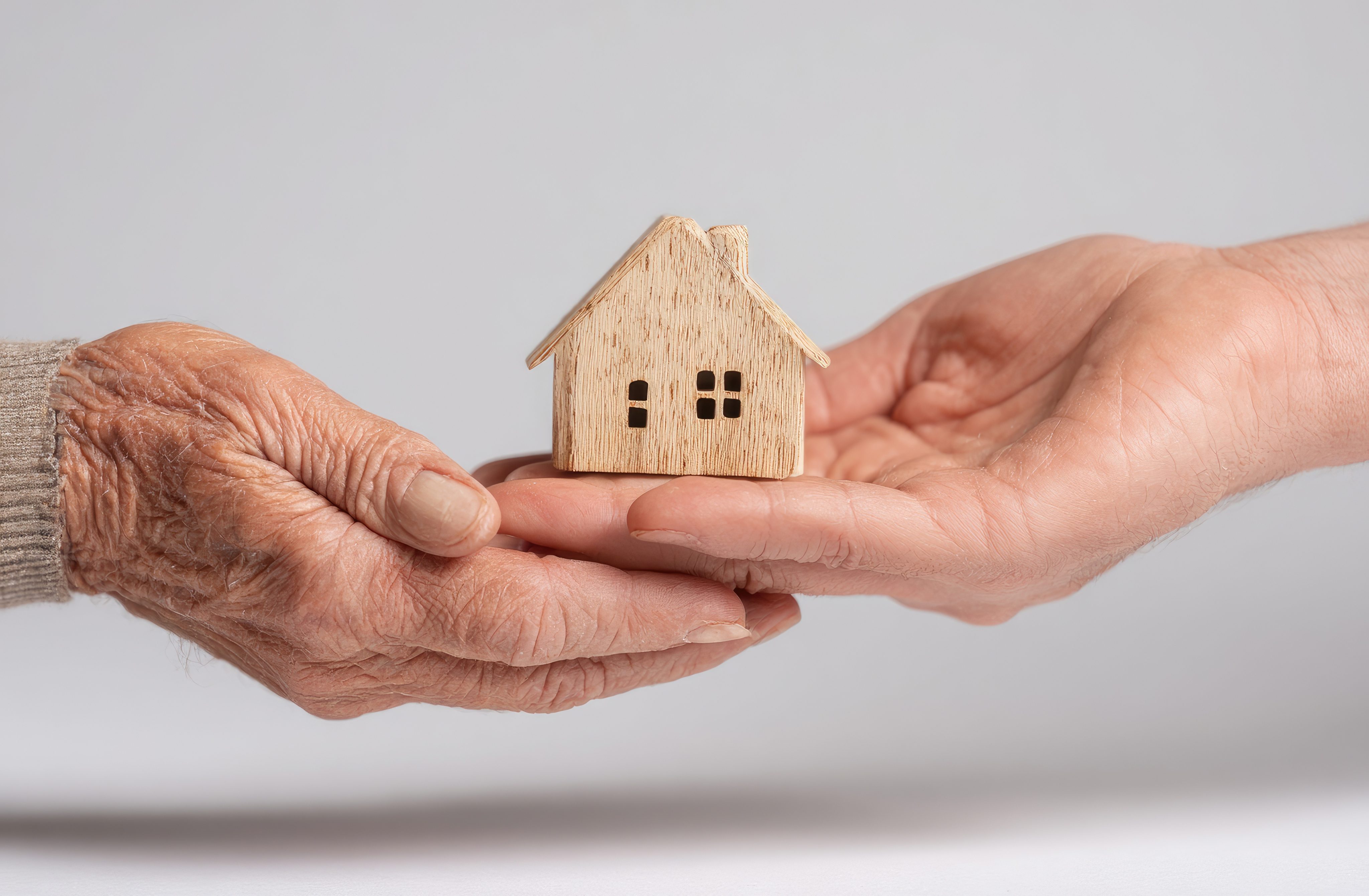 Two hands, one elderly and one younger, share a small wooden house