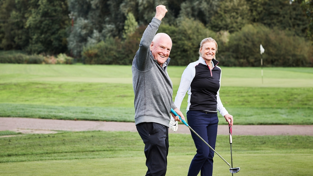Senior,Man,,Golf,And,Coach,With,Celebration,,Game,And,Outdoor