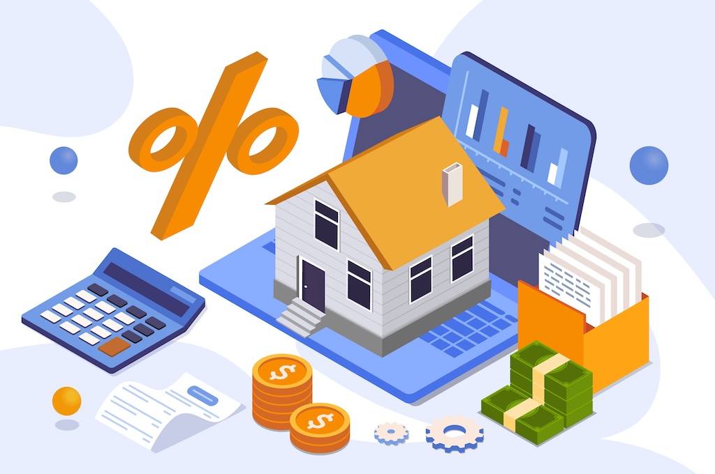 House,,Calculator,,Laptop,,Documents,,Money,,And,Percentage,Sign,In,Isometric