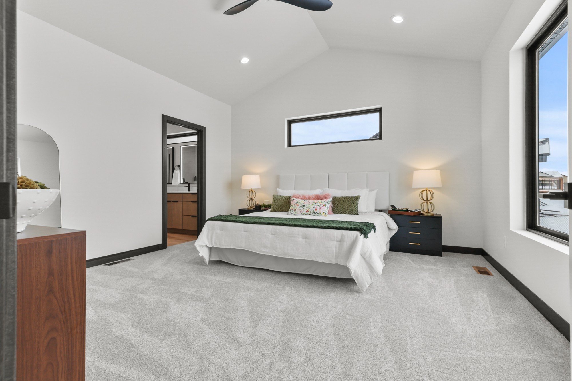 modern bright master bedroom