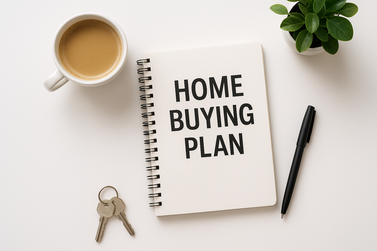 Clean, wide header-style image with a top-down view of a minimalist white desk. Includes a notebook labeled “Home Buying Plan,” a cup of coffee, keys, and a small plant. Soft shadows, warm tones, and plenty of negative space. Real estate/lifestyle aesthetic, modern and professional.