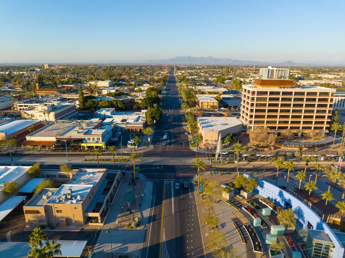 Mesa city center aerial view on Center Street at Main Street at sunset, Mesa, Arizona AZ, USA.