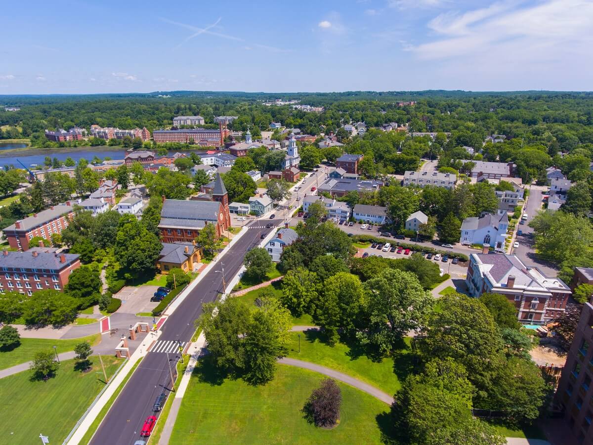 Exeter historic town center aerial view including Congregational Church on Front Street town of Exeter, New Hampshire NH, USA.