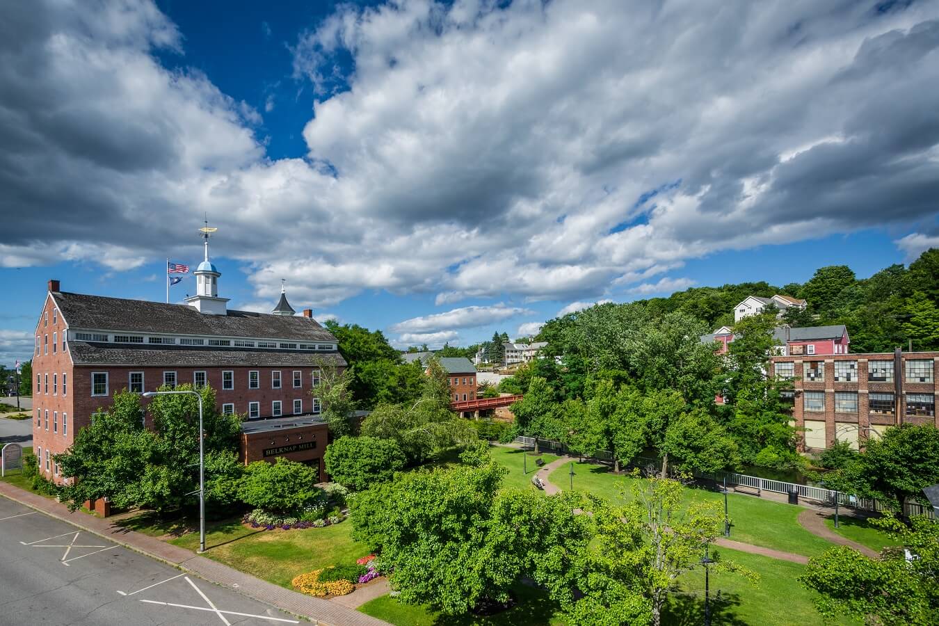View of Rotary Park and historic buildings along the Winnipesaukee River, in Laconia, New Hampshire.