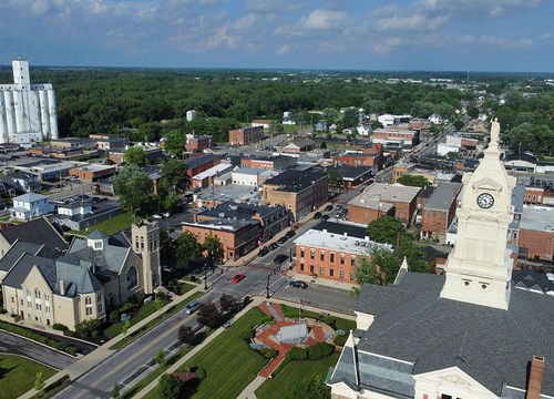 Aerial view of buildings in Uptown Marysville, Ohio, United States