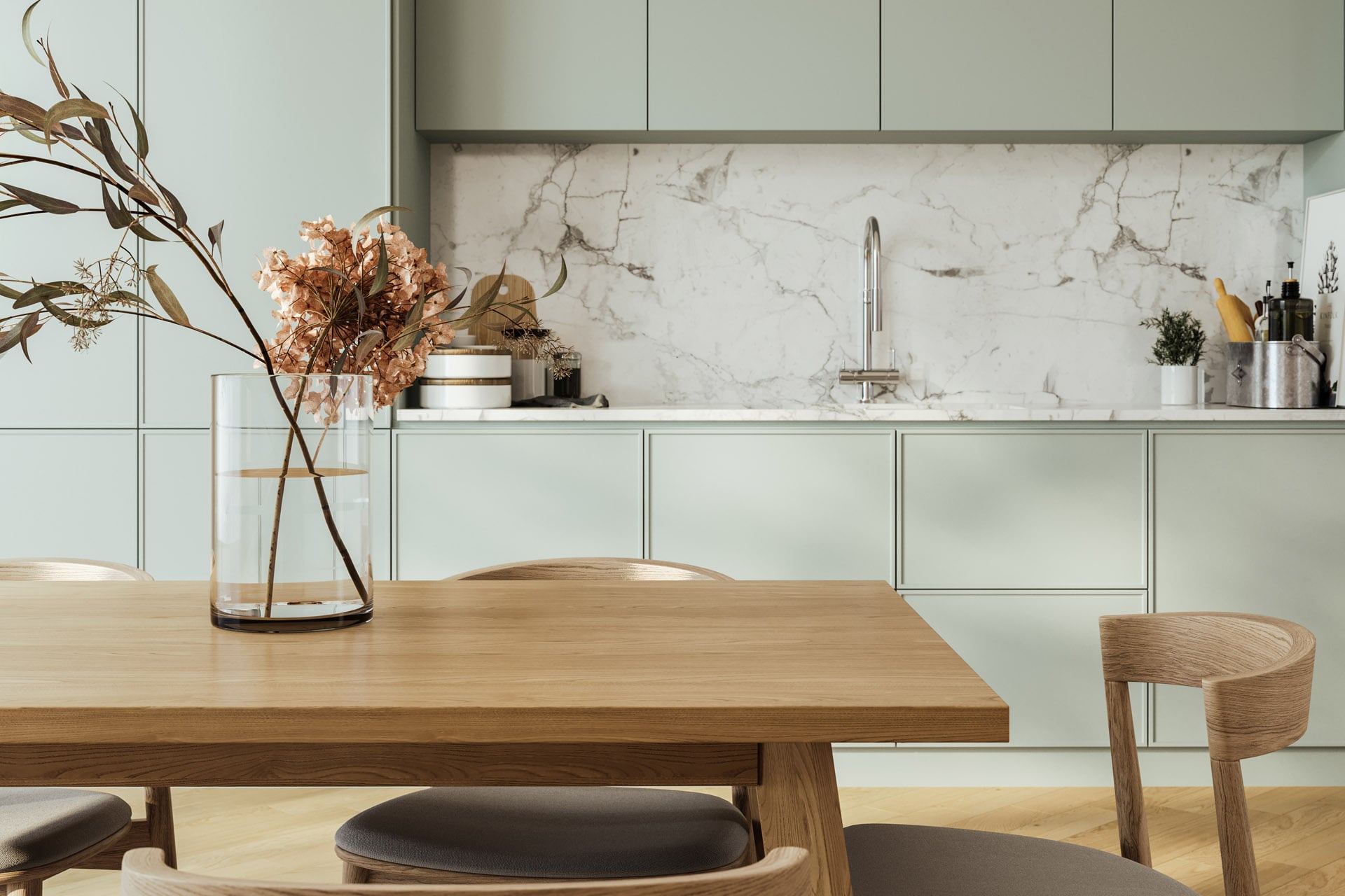 Close,Up,Of,Dinning,Table,In,Kitchen,Interior,,Cabinet,With