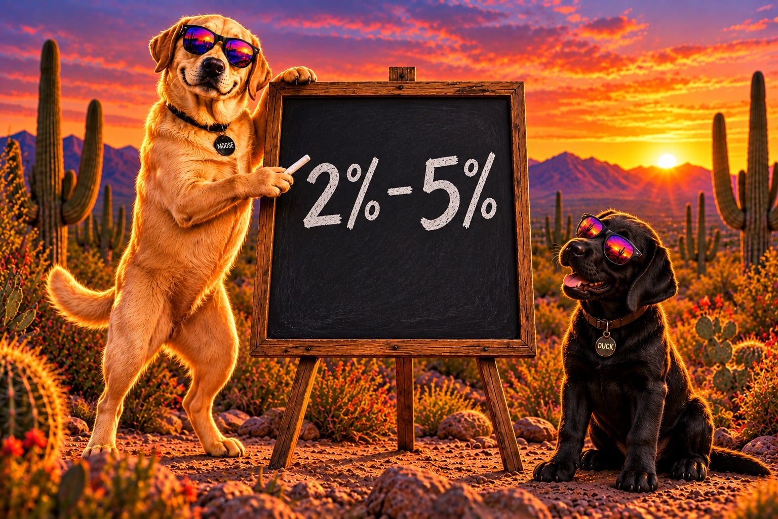 Moose the cream yellow Lab in sunglasses points to 2% - 5% on a desert chalkboard while Duck the black Lab puppy watches