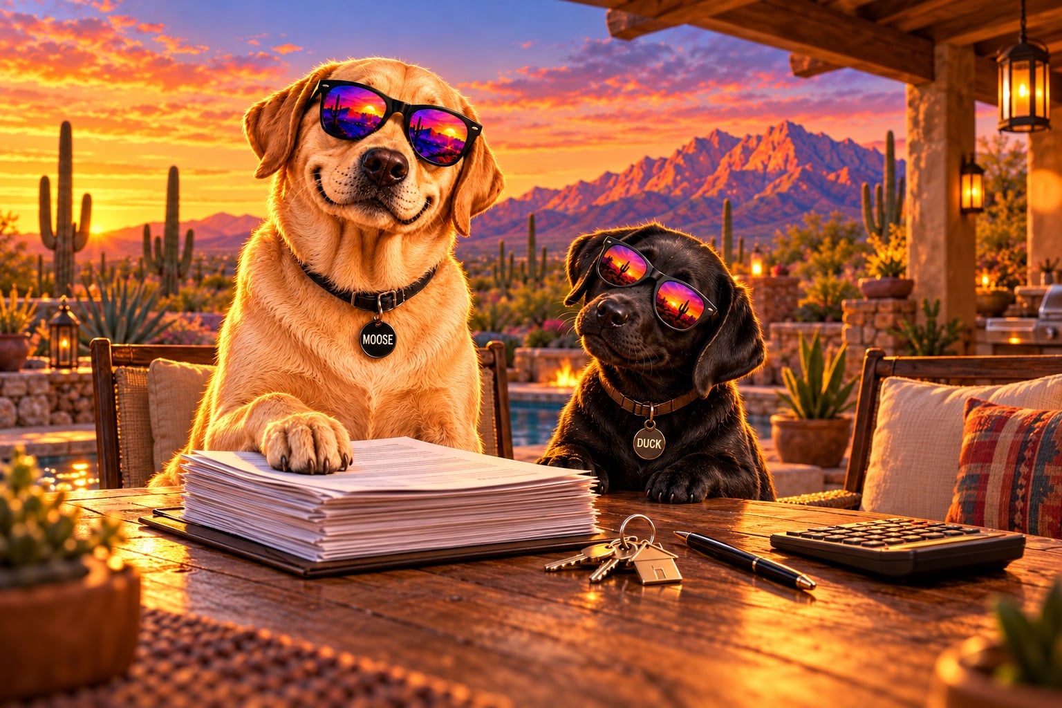 Moose and Duck at a Tucson patio table with closing papers, house keys and a calculator at sunset