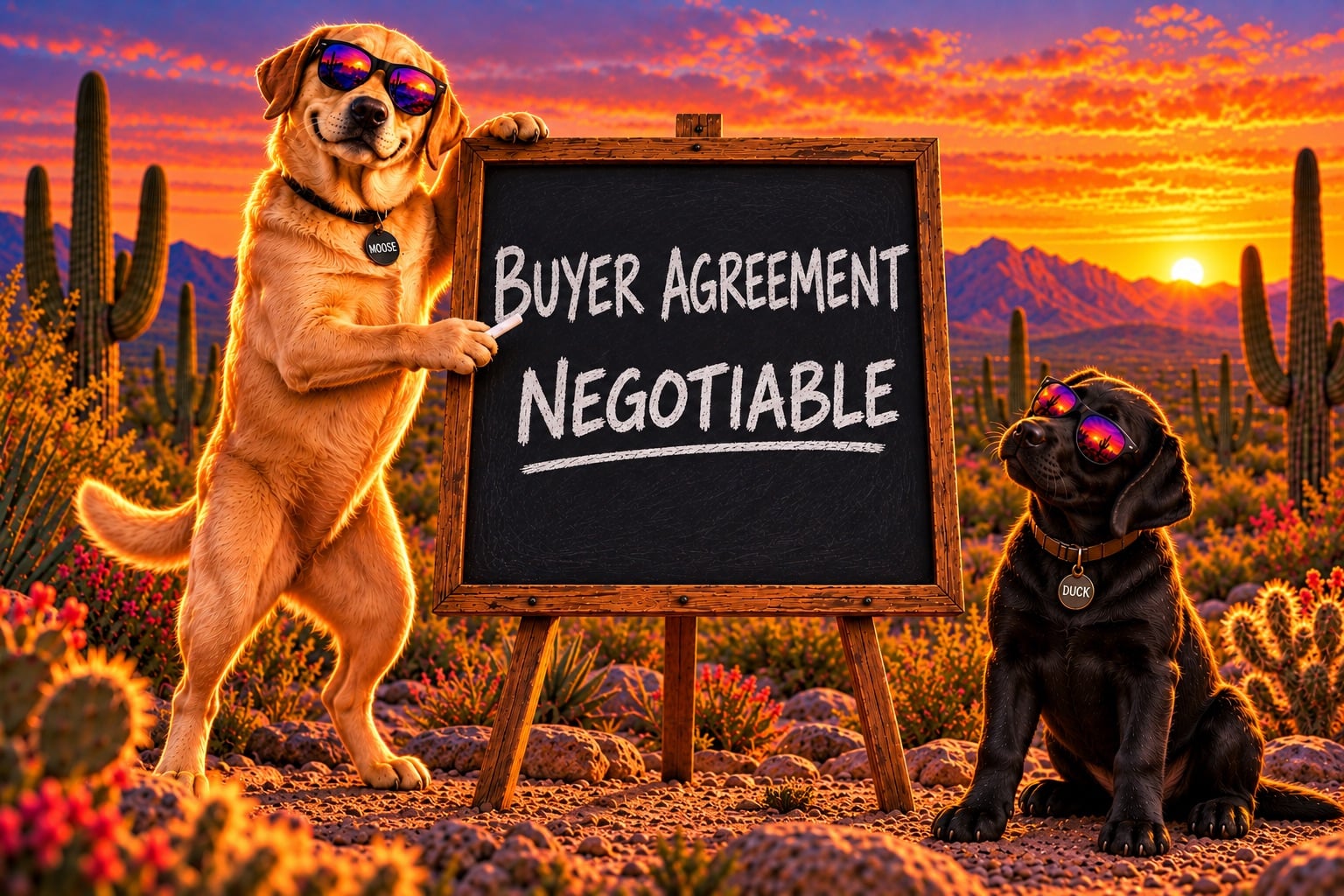 Moose the yellow Lab in sunglasses points to the words BUYER AGREEMENT and NEGOTIABLE on a desert chalkboard while Duck the black Lab puppy watches