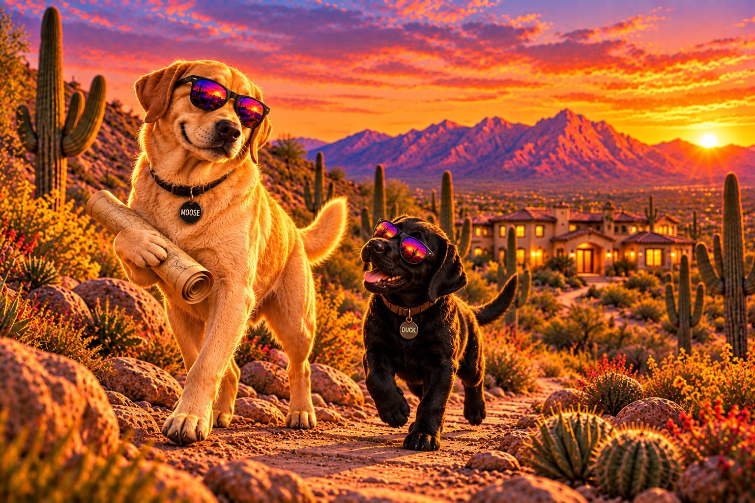 Moose the yellow Lab leads Duck the black Lab puppy along a desert trail toward a Tucson home at sunset, carrying a map