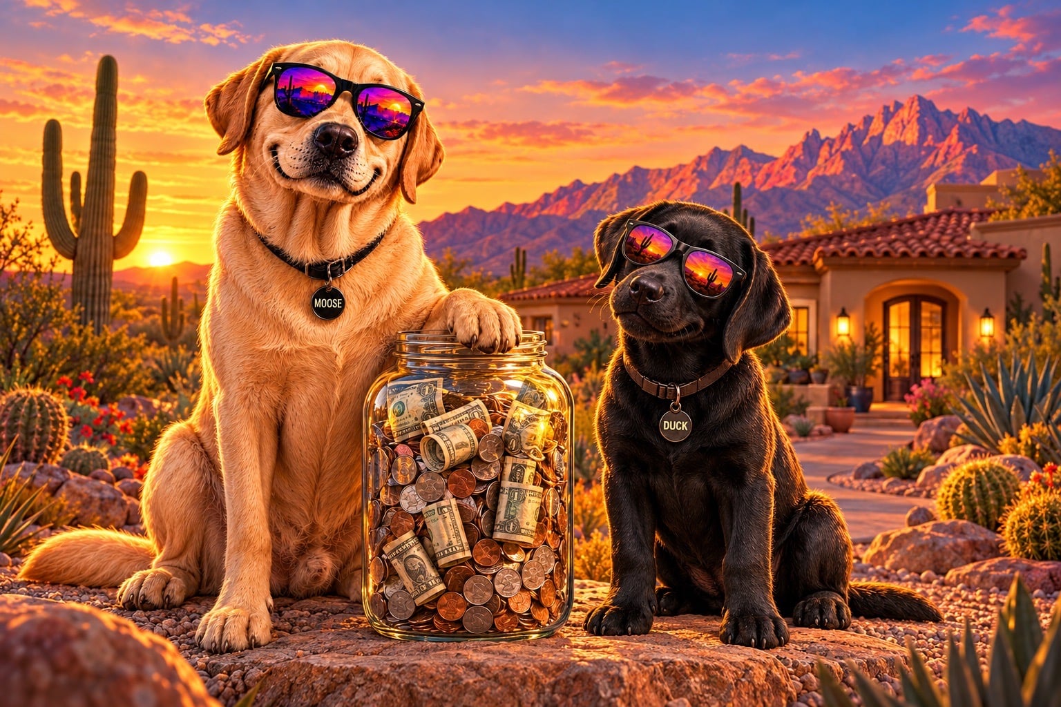 Moose the yellow Lab and Duck the black Lab puppy sit beside a jar of savings in front of a Tucson home at sunset