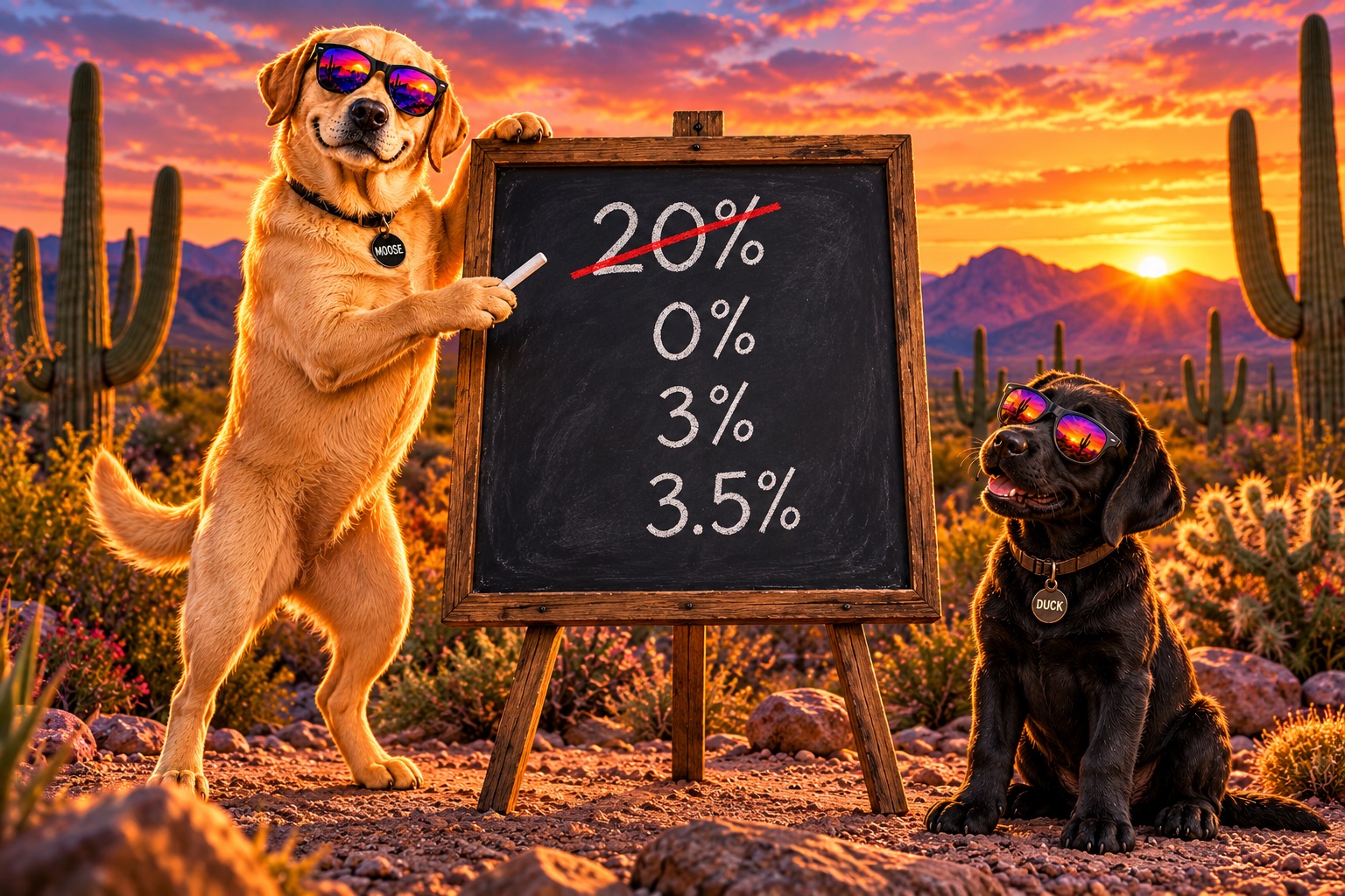 Moose the yellow Lab explains Tucson down payment options to Duck the black Lab puppy at a chalkboard in the desert