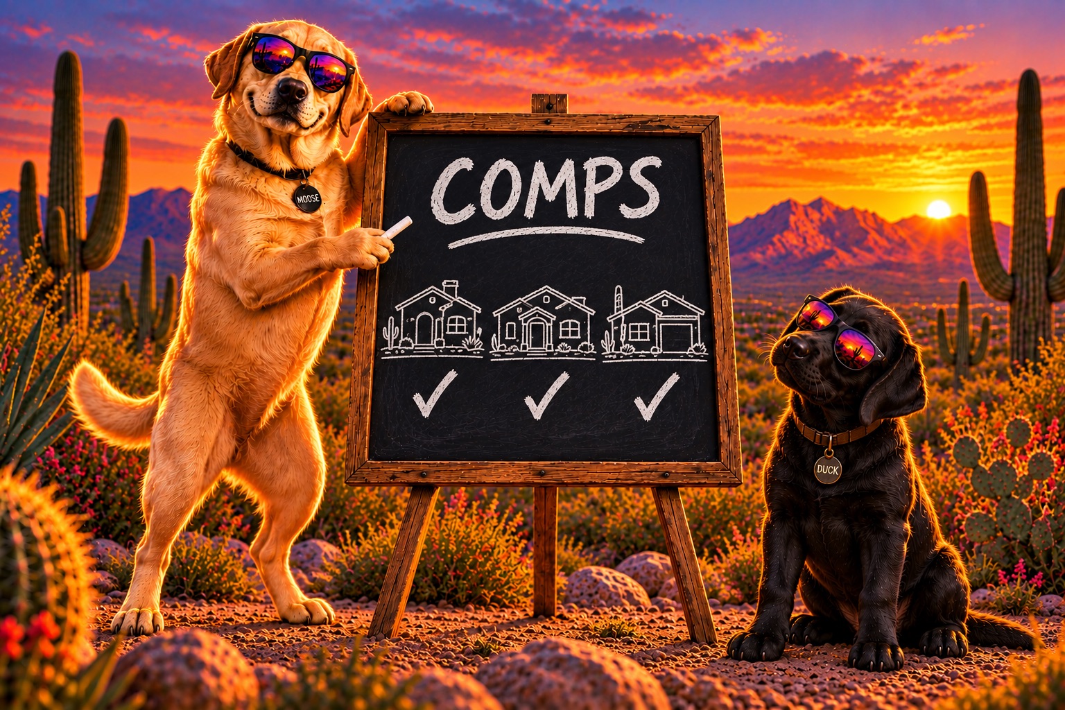 Moose the yellow Lab in sunglasses points to the word COMPS and three small house sketches on a desert chalkboard while Duck the black Lab puppy watches