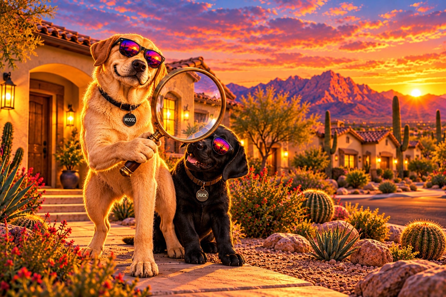 Moose the yellow Lab holds a magnifying glass up to a Tucson home at sunset with Duck the black Lab puppy beside him