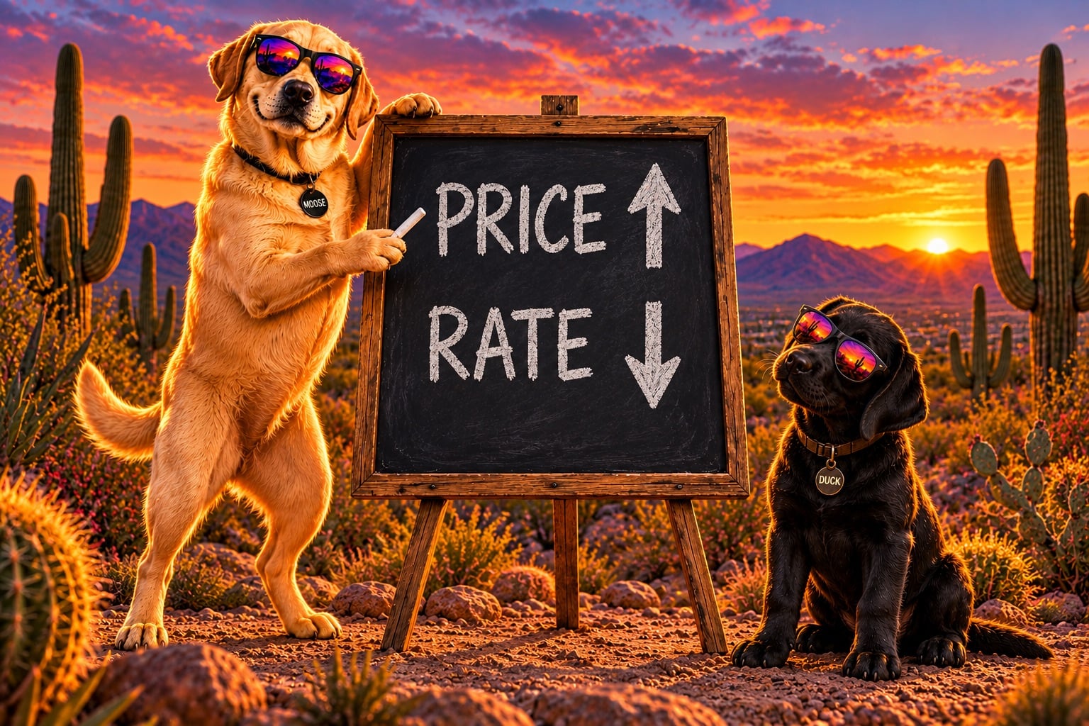 Moose the yellow Lab in sunglasses points to the words PRICE and RATE with arrows on a desert chalkboard while Duck the black Lab puppy watches