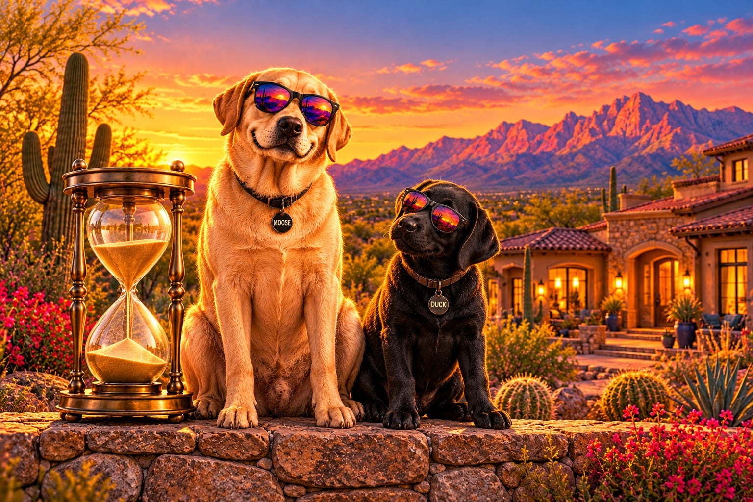 Moose the yellow Lab and Duck the black Lab puppy sit on a garden wall beside an hourglass in front of a Tucson home at sunset