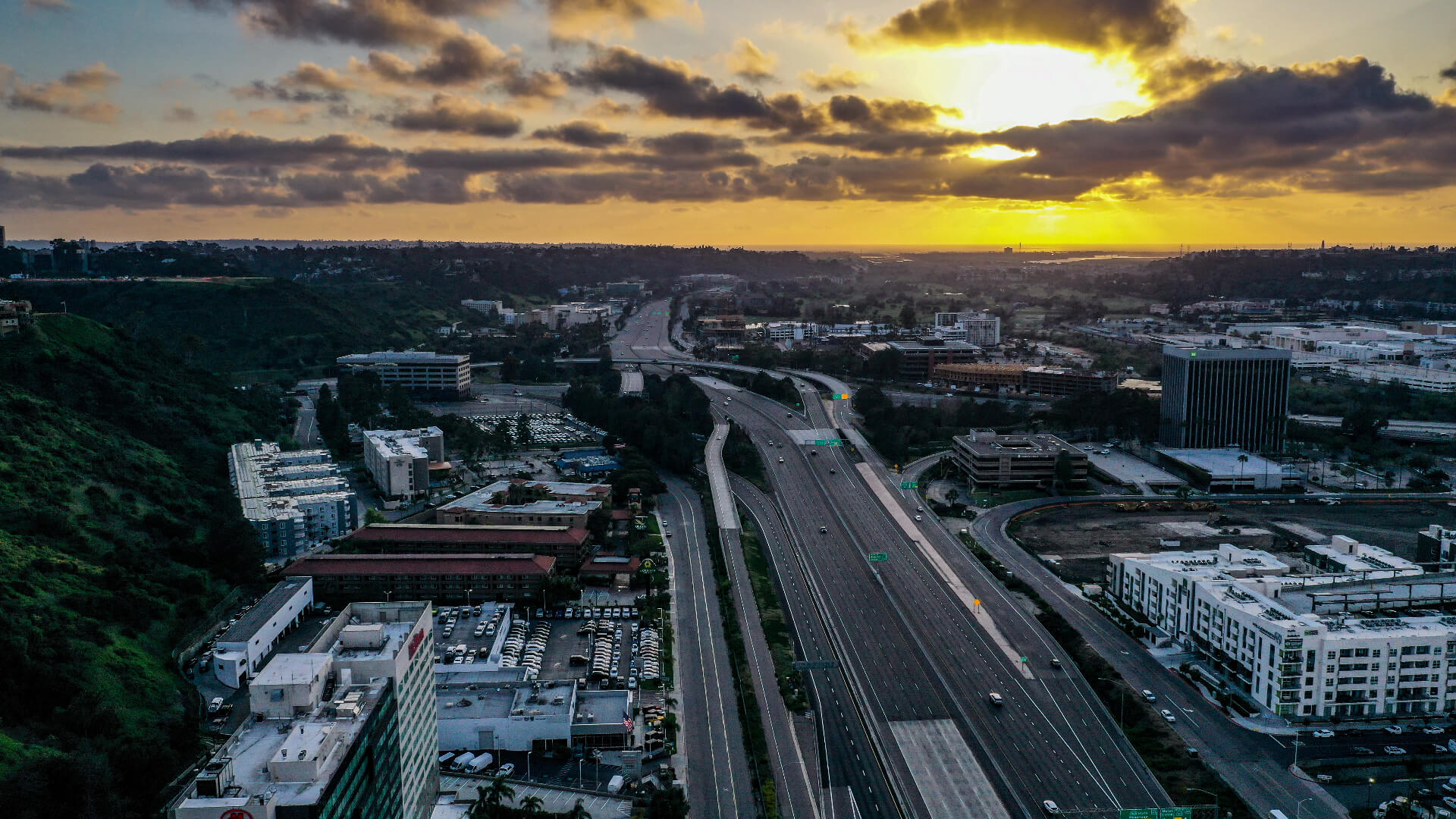 Mission Valley - Mission Valley San Diego Aerial Footage during Corona Virus Times Sunset