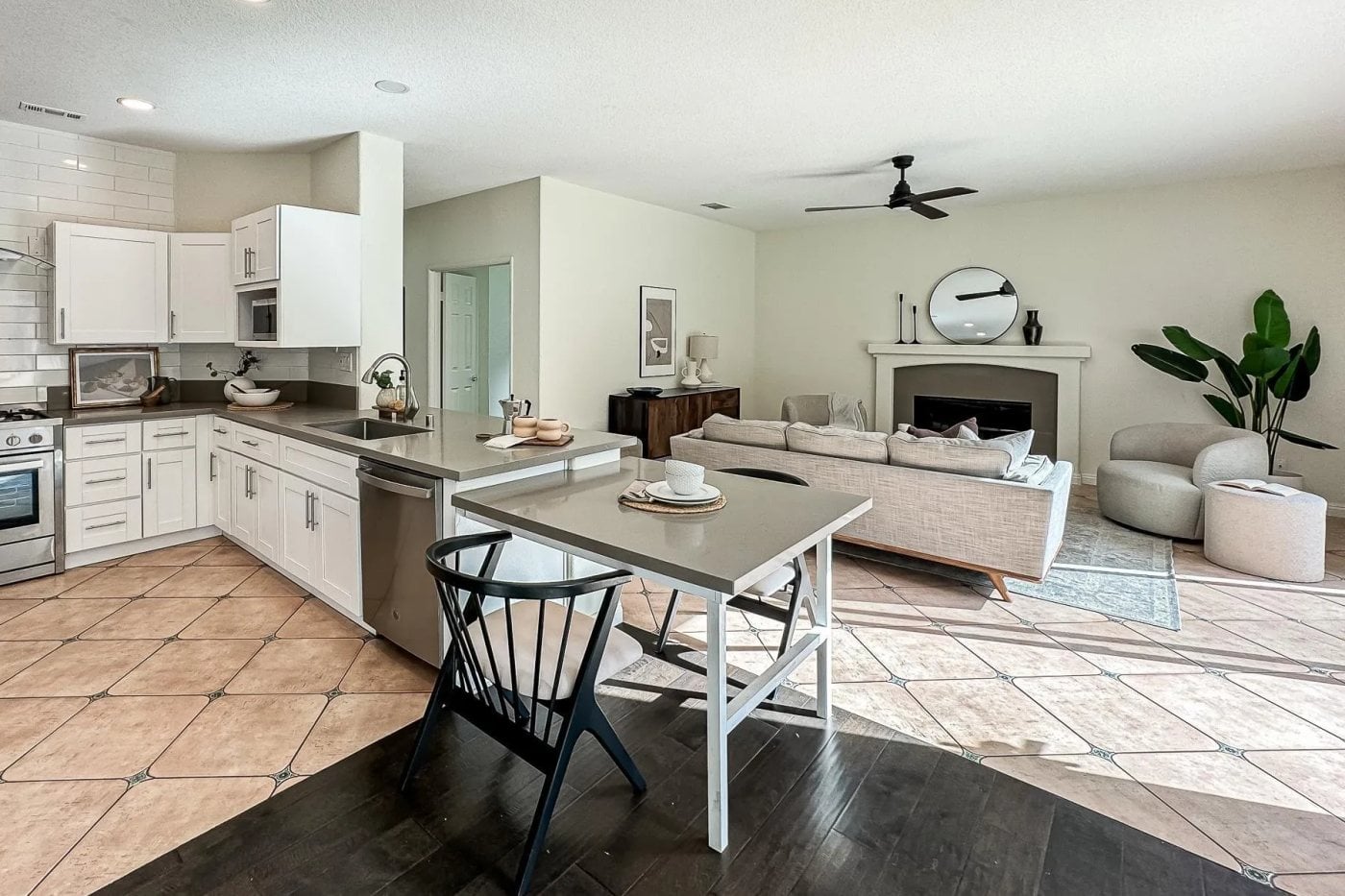 The same kitchen and family room after our team staged it