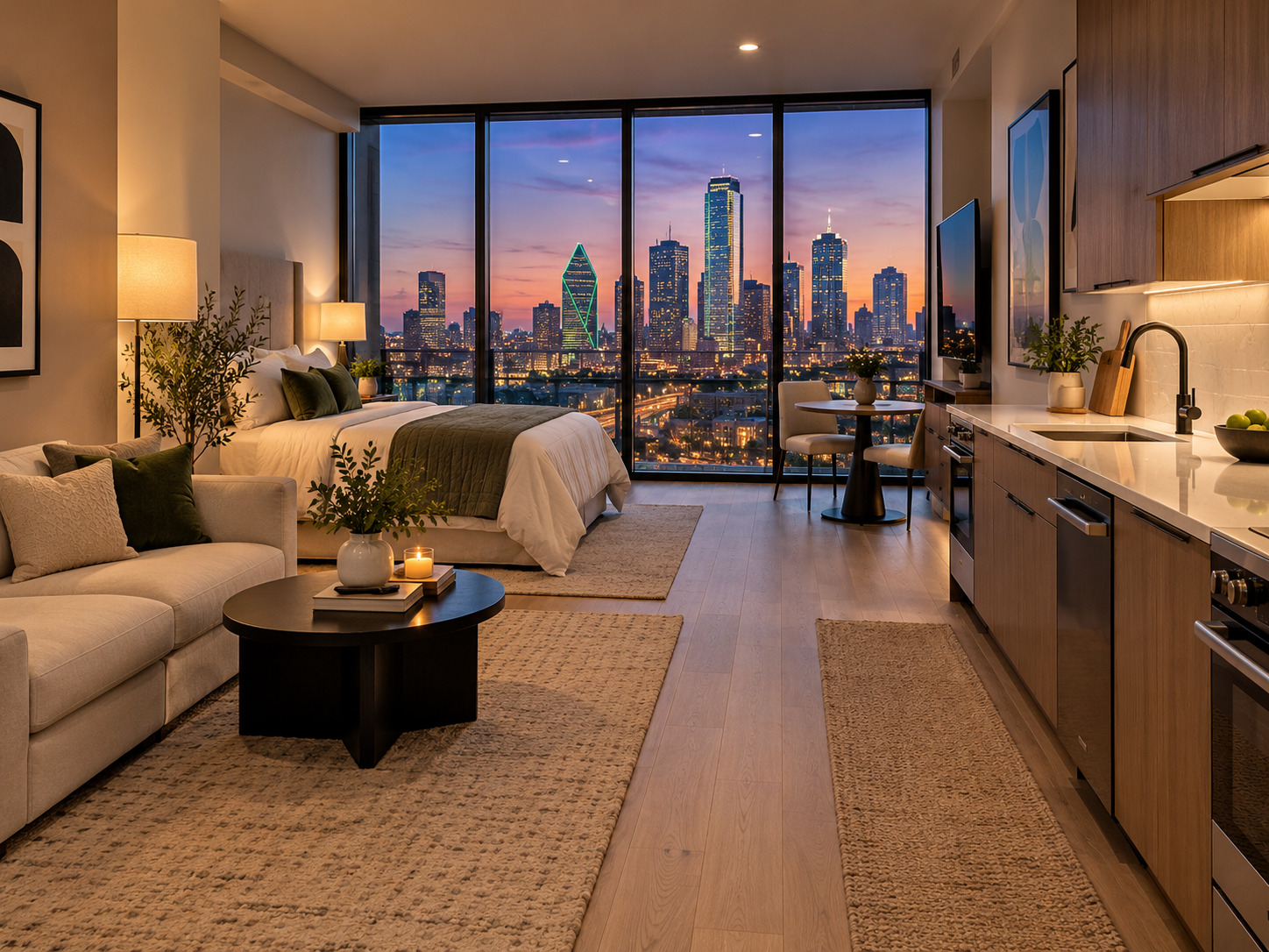 Uptown Dallas studio apartment with skyline view and modern interior
