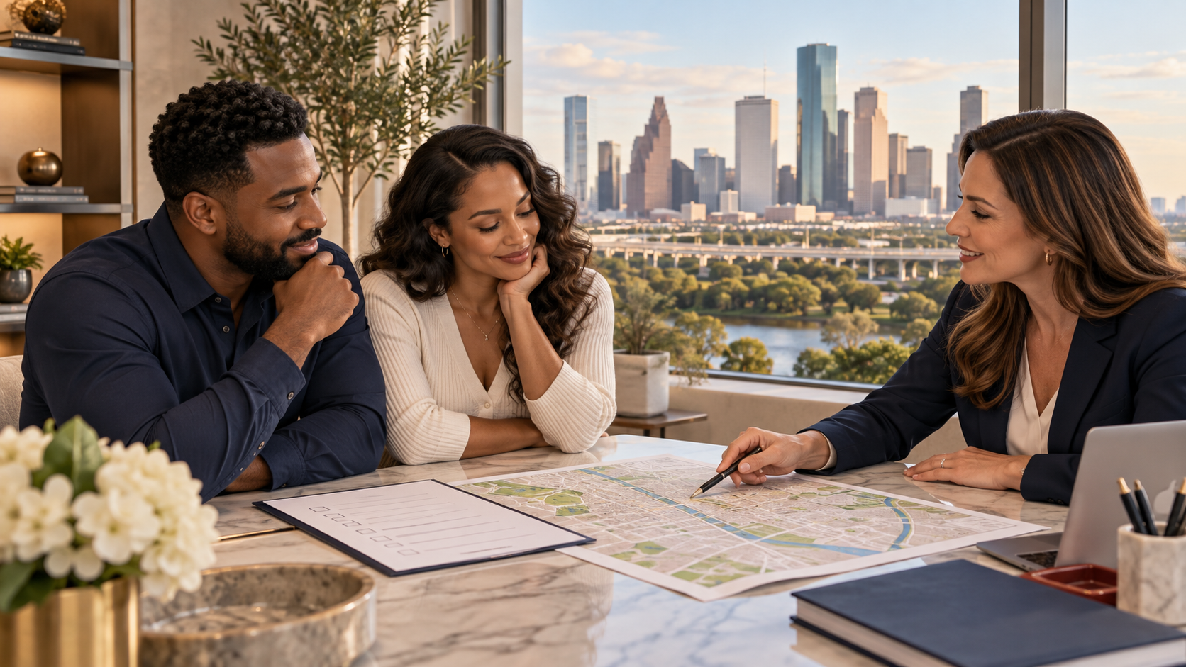 Real estate advisor meeting with a couple at a table with maps and a Houston skyline in the background.