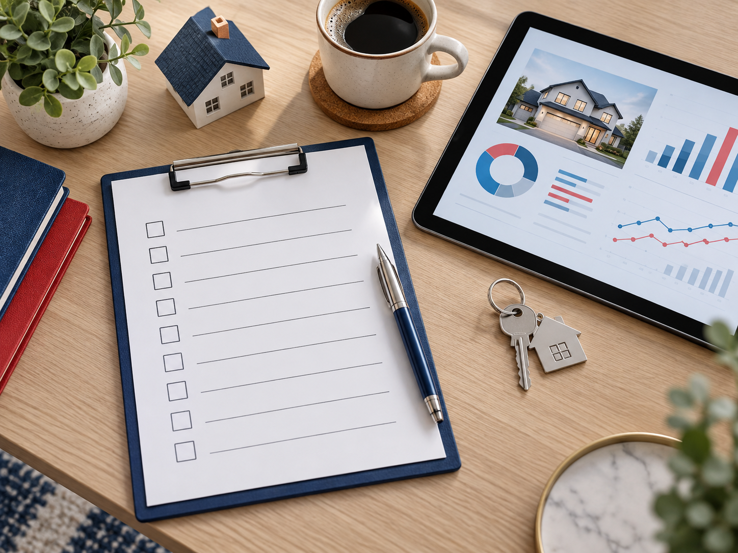 Checklist, key, tablet, and pen prepared for a real estate consultation.