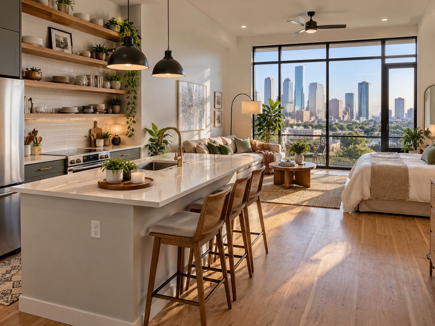 Open floor plan studio apartment in Montrose Houston with kitchen island and natural light