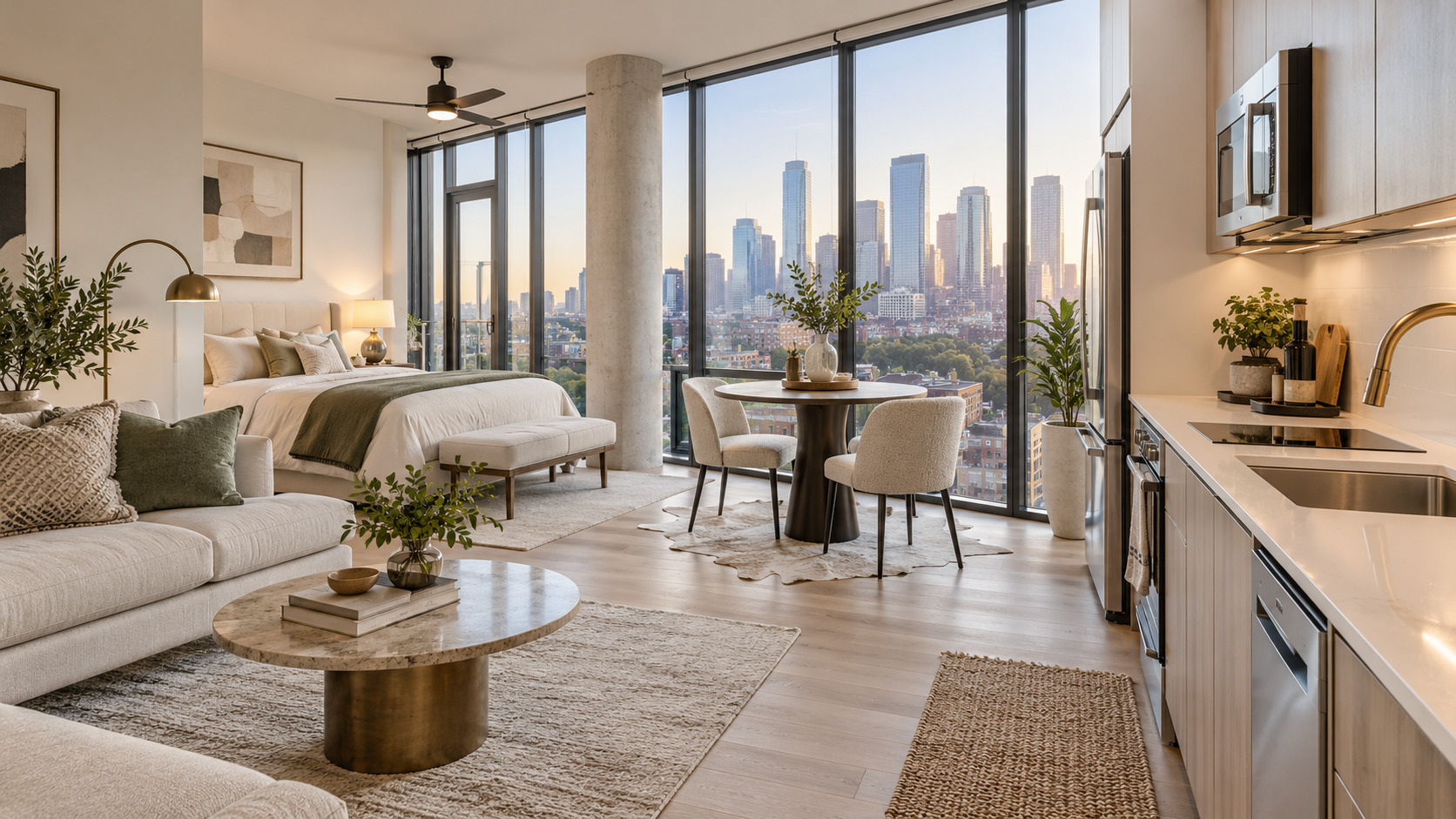 Bright studio apartment near me in Houston with large windows and modern finishes