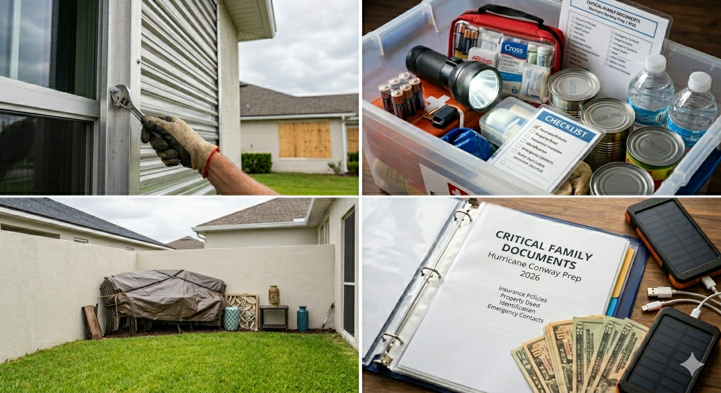A four-panel collage: installing storm shutters, a packed emergency supply box, covered outdoor furniture, and a binder of critical family documents with cash and a solar charger.