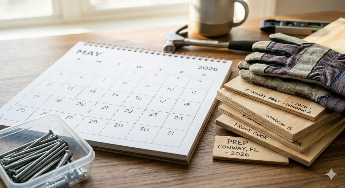 A May 2026 calendar laid on a wooden table alongside a hammer, work gloves, nails, and labeled plywood boards.