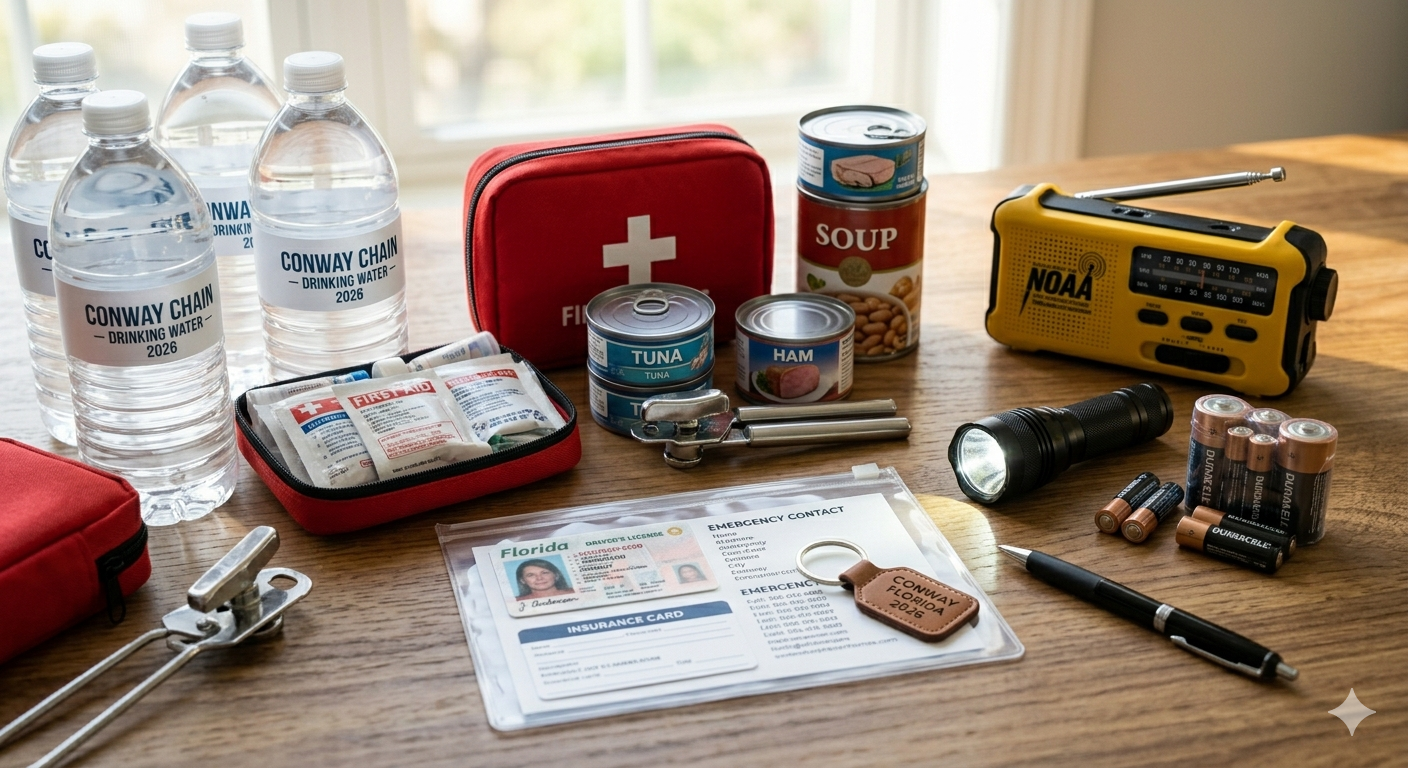 A well-stocked hurricane supply kit: water bottles, first aid bag, canned food, NOAA weather radio, flashlight, batteries, and emergency documents.