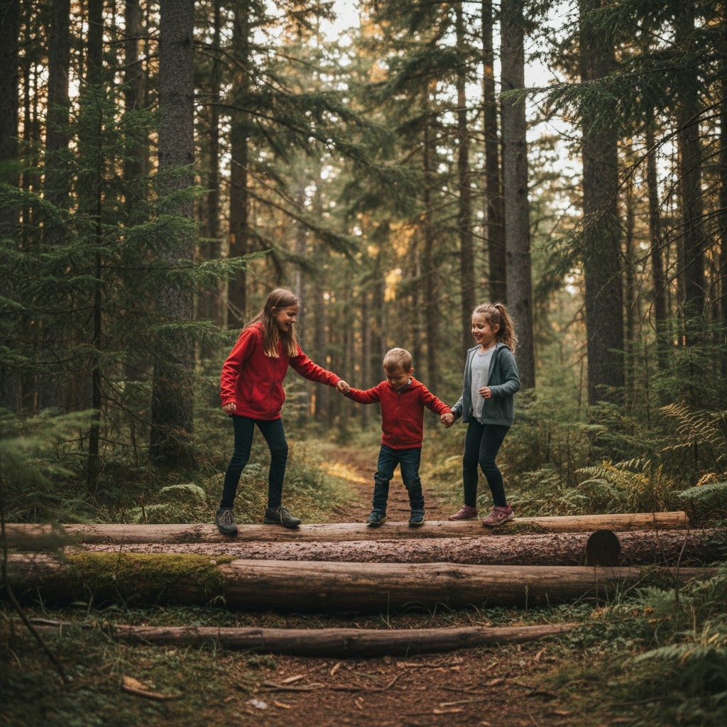Children exploring a forest trail near Kemptville Ontario