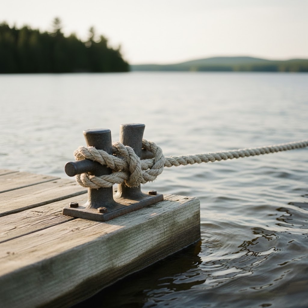 thick rope tied Wooden dock Eastern Ontario