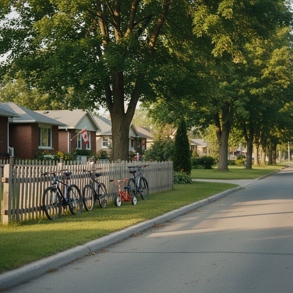 Bicycles parked along a quiet residential street in Kemptville Ontario under mature maple trees