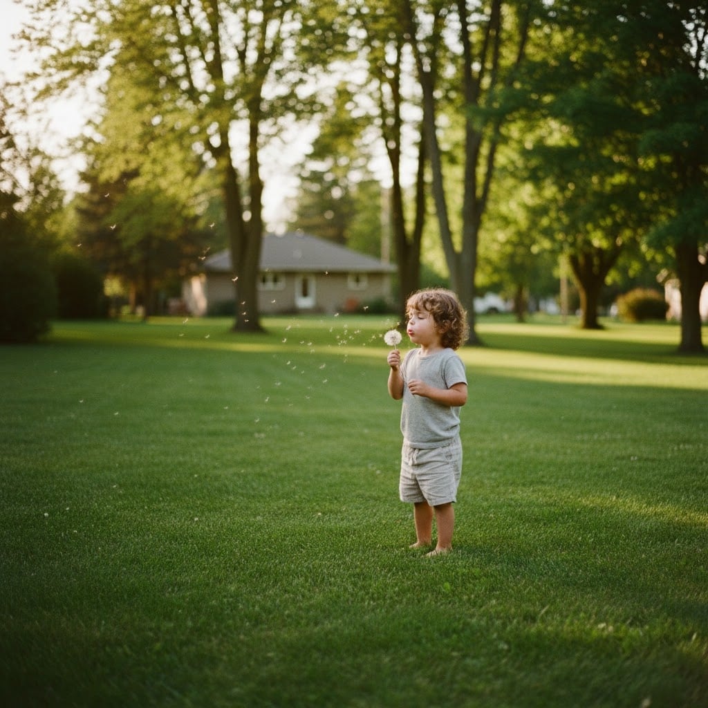 Child blowing a dandelion in a large backyard surrounded by trees in Kemptville Ontario