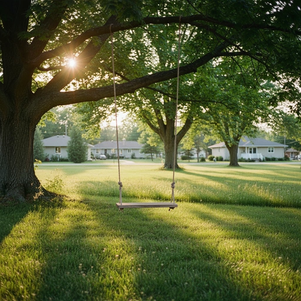 Backyard swing under mature maple tree in Kemptville Ontario at sunset